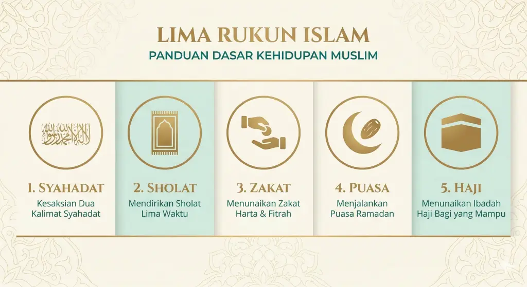 Memahami Rukun Islam: Lima Pilar Utama Ajaran Islam 2 Infografis horizontal elegan menampilkan urutan 5 Rukun Islam dari kiri ke kanan dengan ikon minimalis dan teks Indonesia: Syahadat (kaligrafi), Sholat (sajadah), Zakat (sedekah), Puasa (kurma), Haji (Ka'bah). Desain bersih dengan palet warna krem, hijau tosca, dan emas matte.