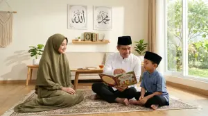 Sebuah keluarga Muslim (Ayah, Ibu berhijab syar'i, Anak laki-laki) duduk bersama di ruang tengah yang terang belajar tentang 5 rukun Islam dari sebuah buku. Di latar belakang terdapat kaligrafi Allah dan Muhammad.