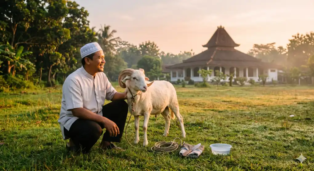 Waktu Penyembelihan Kurban: Panduan Lengkap Berdasarkan Syariat 2 Pria Muslim berpeci tersenyum bersiap menyembelih domba kurbannya di pagi hari yang hangat dengan latar belakang masjid.