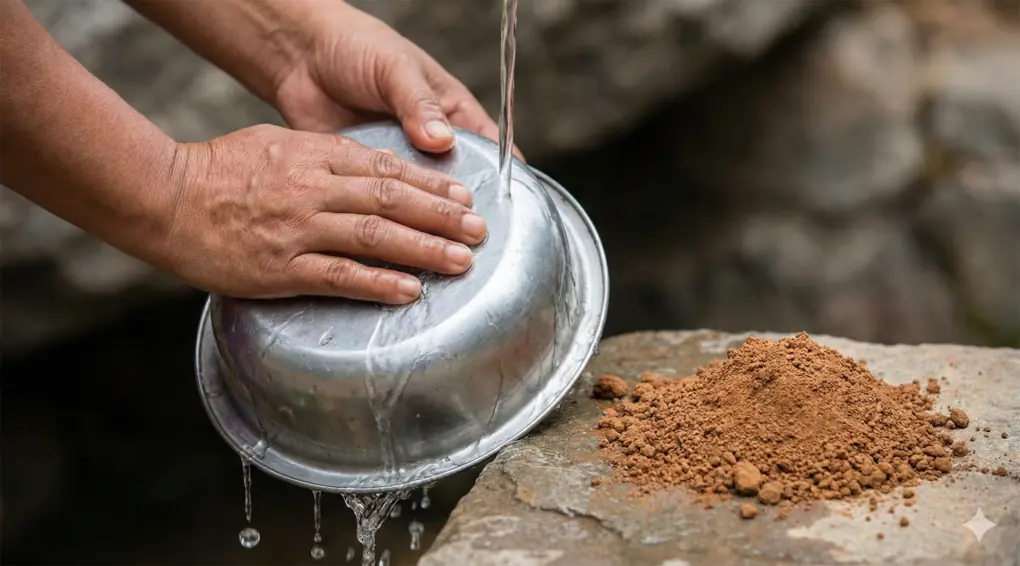 Seseorang sedang mencuci sebuah wadah logam dengan air mengalir, dengan tumpukan tanah liat di sampingnya, mengilustrasikan tata cara membersihkan najis mugholadoh.