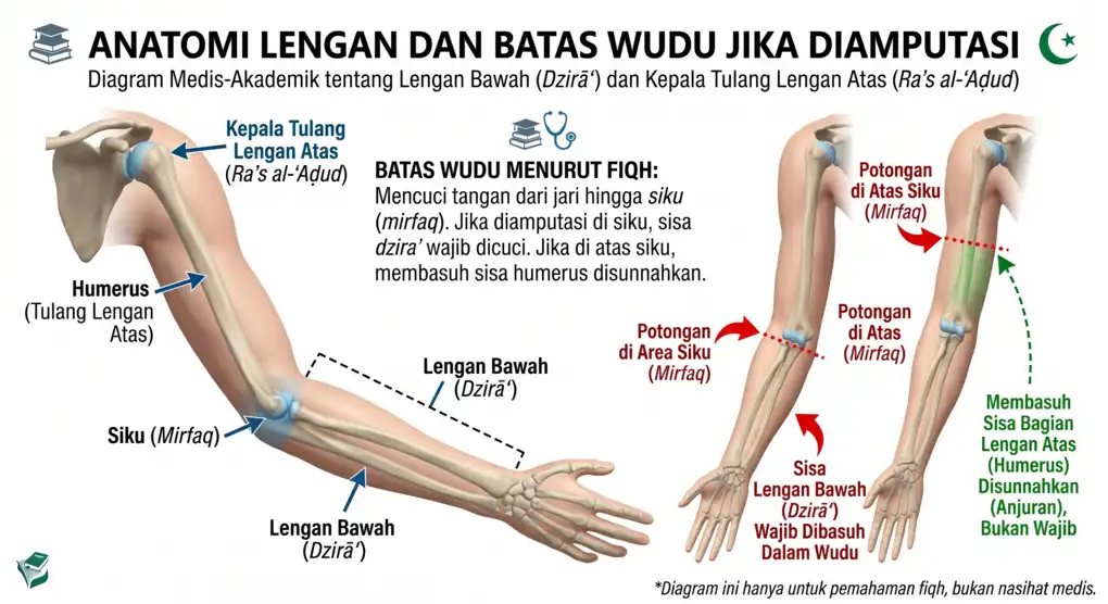 Hukum Wudhu bagi Orang yang Diamputasi dalam Mazhab Syafi’i 2 Diagram medis batas fardhu wudhu pada lengan bagi orang yang diamputasi menurut mazhab Syafi'i.
