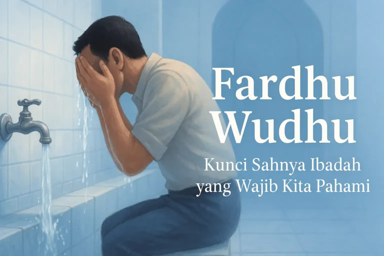 Home 19 Ilustrasi seorang pria sedang berwudhu di depan keran air dengan teks judul "Fardhu Wudhu: Kunci Sahnya Ibadah yang Wajib Kita Pahami"