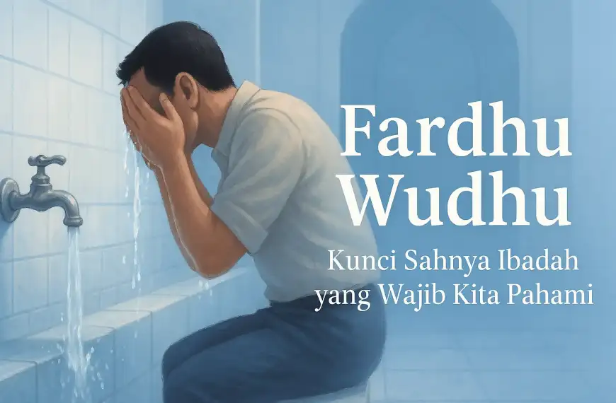 Home 29 Ilustrasi seorang pria sedang berwudhu di depan keran air dengan teks judul "Fardhu Wudhu: Kunci Sahnya Ibadah yang Wajib Kita Pahami"