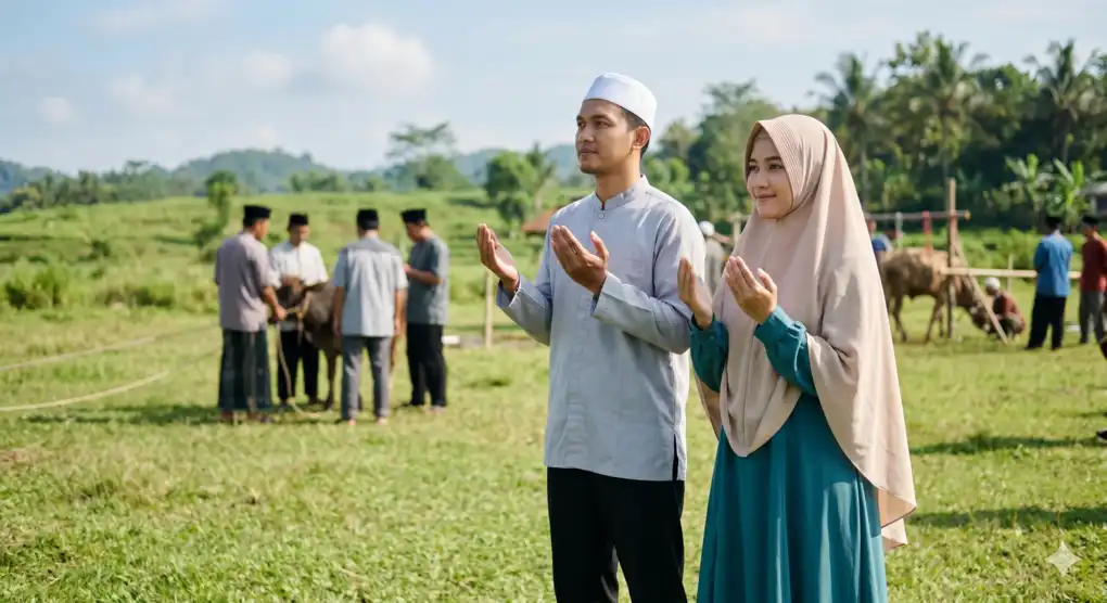 Adab Sebelum Berkurban: Panduan untuk Shohibul Qurban 3 Keluarga Muslim pria berpeci dan wanita berhijab syar'i menengadahkan tangan berdoa saat menyaksikan penyembelihan kurban di lapangan hijau.