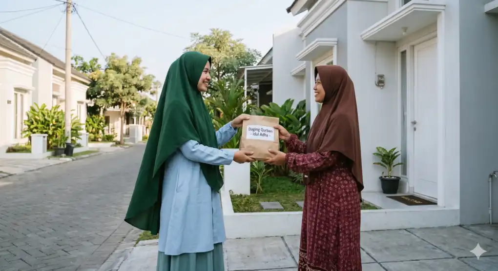Ketentuan Pembagian Daging Kurban Menurut Syariat Islam 3 Muslimah berpakaian rapi dengan hijab panjang menyerahkan bingkisan daging kurban kepada tetangganya sambil tersenyum bahagia.