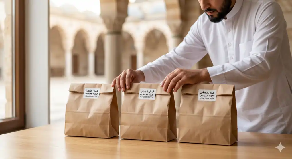 Ketentuan Pembagian Daging Kurban Menurut Syariat Islam 2 Tangan seorang pria Muslim menata tiga tas kertas berisi daging kurban di atas meja yang melambangkan proporsi pembagian sepertiga.