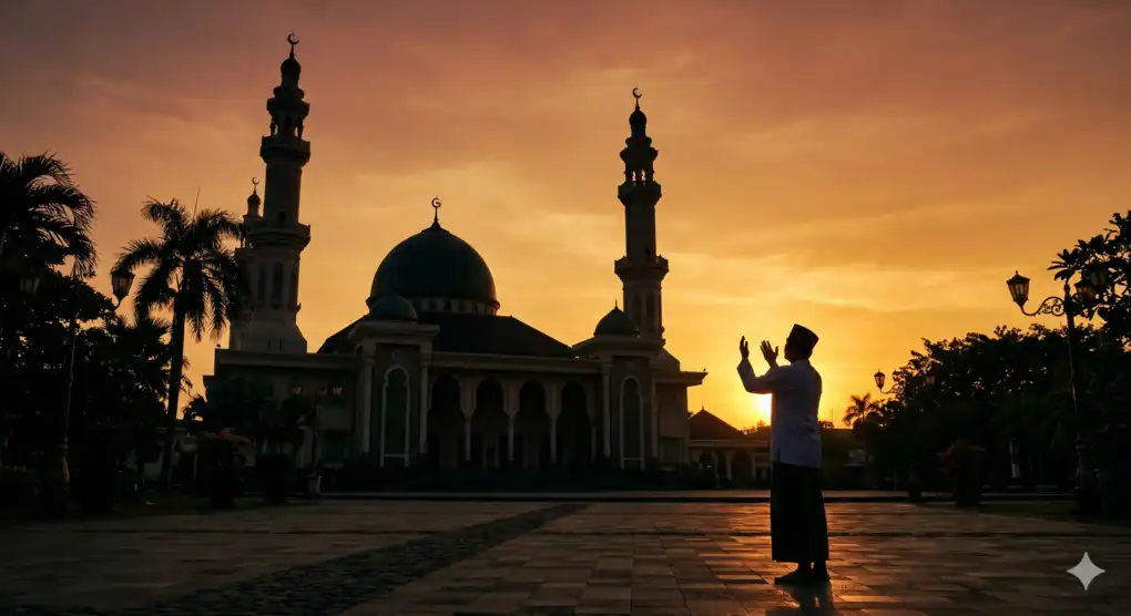 Waktu Penyembelihan Kurban: Panduan Lengkap Berdasarkan Syariat 3 Siluet pria Muslim berdoa di pelataran masjid saat matahari terbenam, menandakan batas akhir waktu penyembelihan kurban di hari Tasyrik.