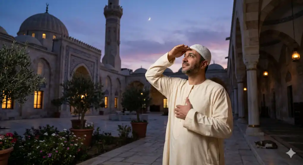 Adab Sebelum Berkurban: Panduan untuk Shohibul Qurban 2 Pria Muslim melihat bulan sabit hilal Dzulhijjah di pelataran masjid saat senja sebagai penanda masuknya waktu sunnah kurban.