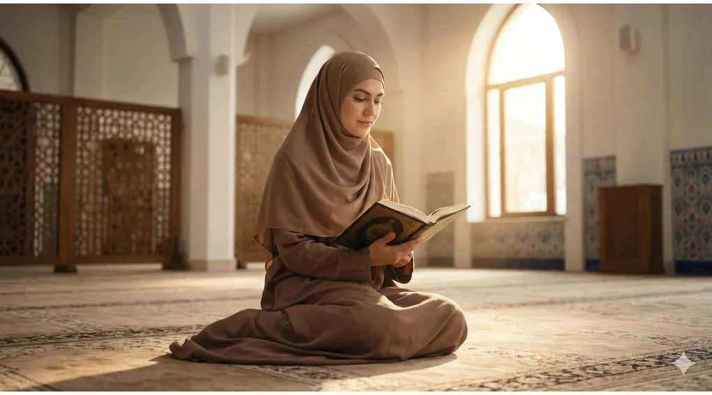 Pengertian Thaharah: Makna, Hukum, dan Pentingnya dalam Islam 3 Muslimah berpakaian rapi dan berhijab syar'i duduk khusyuk memegang Al-Qur'an di dalam masjid yang terang.