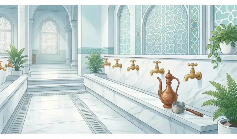 Home 11 Area tempat wudhu masjid yang bersih dengan desain marmer, keran emas, dan teko air tradisional.