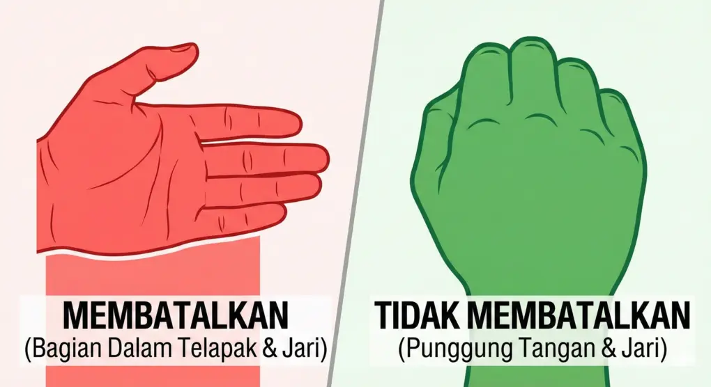 5 Hal yang Membatalkan Wudhu dan Penjelasannya (Lengkap Mazhab Syafi'i) 3 Ilustrasi perbedaan antara bagian dalam telapak tangan yang membatalkan wudhu jika menyentuh kemaluan, dan punggung tangan yang tidak membatalkan.