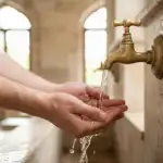 Tangan menampung air wudhu yang jernih di tempat wudhu masjid, melambangkan upaya menjaga kesucian dari perkara yang membatalkan wudhu.
