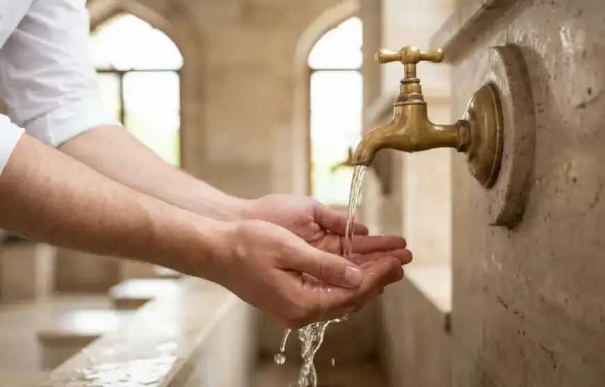 Tangan menampung air wudhu yang jernih di tempat wudhu masjid, melambangkan upaya menjaga kesucian dari perkara yang membatalkan wudhu.