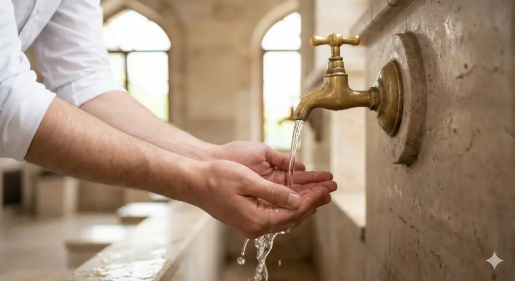 Tangan menampung air wudhu yang jernih di tempat wudhu masjid, melambangkan upaya menjaga kesucian dari perkara yang membatalkan wudhu.