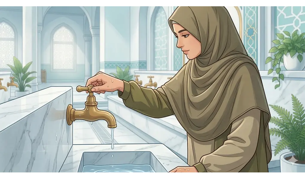 Makruh Wudhu: Panduan Lengkap Hal Makruh Wudhu Menurut Mazhab Syafi'i 2 Seorang Muslimah berhijab syar'i sedang mematikan keran air untuk mencegah pemborosan saat berwudhu.