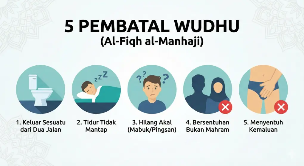 5 Hal yang Membatalkan Wudhu dan Penjelasannya (Lengkap Mazhab Syafi'i) 2 Infografis ilustrasi lima perkara yang membatalkan wudhu menurut kitab Al-Fiqh al-Manhaji Madzhab Syafi'i.