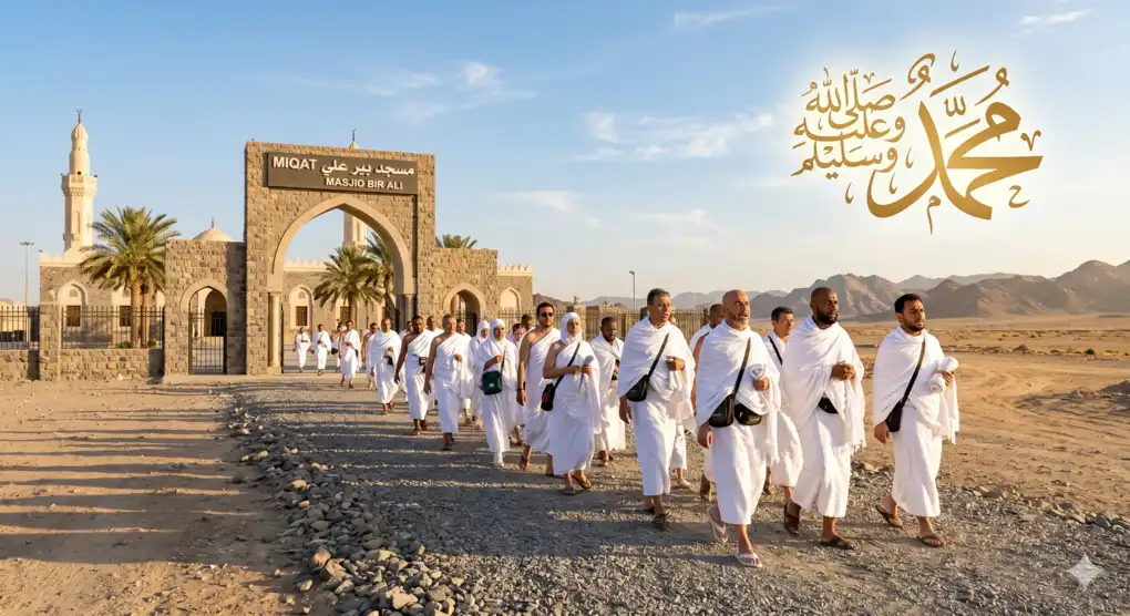 Niat Ihram untuk Haji dan Umrah 3 Rombongan jamaah haji berjalan keluar dari miqat melantunkan Talbiyah, dihiasi kaligrafi lafaz Muhammad shallallahu alaihi wa sallam di langit.