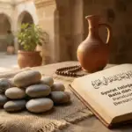 Ilustrasi kitab fikih klasik Al-Iqna' fi Halli Alfaz Abi Syuja' di atas rehal kayu dengan latar belakang perpustakaan Islam. Kitab ini menjadi rujukan utama dalam pembahasan syarat sah istinja dengan batu dan penjelasan bahwa istijmar adalah istilah bersuci setelah buang air menggunakan batu.