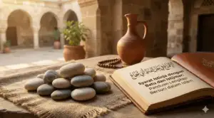 Home 5 Ilustrasi kitab fikih klasik Al-Iqna' fi Halli Alfaz Abi Syuja' di atas rehal kayu dengan latar belakang perpustakaan Islam. Kitab ini menjadi rujukan utama dalam pembahasan syarat sah istinja dengan batu dan penjelasan bahwa istijmar adalah istilah bersuci setelah buang air menggunakan batu.