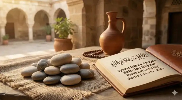 Ilustrasi kitab fikih klasik Al-Iqna' fi Halli Alfaz Abi Syuja' di atas rehal kayu dengan latar belakang perpustakaan Islam. Kitab ini menjadi rujukan utama dalam pembahasan syarat sah istinja dengan batu dan penjelasan bahwa istijmar adalah istilah bersuci setelah buang air menggunakan batu.