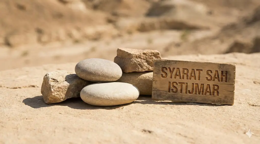 Ilustrasi batu-batu suci di lingkungan gurun dengan papan kayu bertuliskan SYARAT SAH ISTIJMAR. Gambar ini memvisualisasikan media yang digunakan sebagai syarat sah istinja dengan batu atau benda padat yang memenuhi syarat.