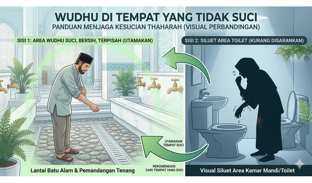 Makruh Wudhu: Panduan Lengkap Hal Makruh Wudhu Menurut Mazhab Syafi'i 4 Perbandingan visual antara area wudhu yang suci beralas batu alam dengan siluet area toilet yang tidak disarankan.