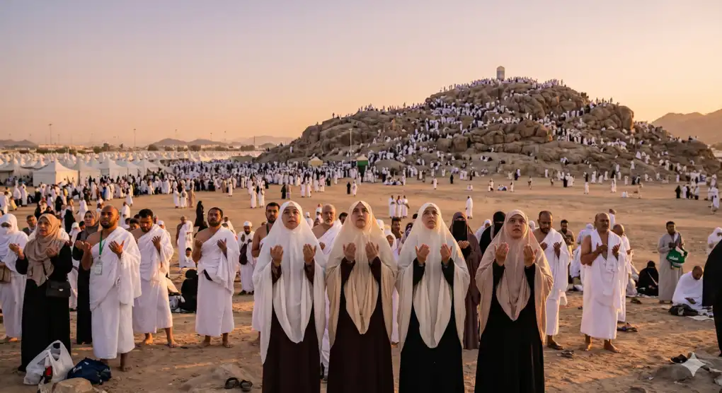 Memahami Rukun Haji dan Umrah: Pilar Ibadah di Tanah Suci 2 Jamaah haji menengadahkan tangan berdoa saat wukuf di Padang Arafah dengan latar belakang Jabal Rahmah pada sore hari.
