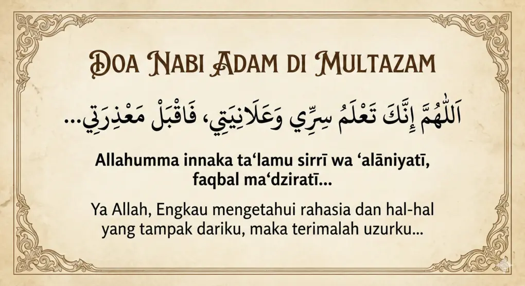 Doa Nabi Adam dan Artinya: Arab, Latin, & Khasiat Pembuka Rezeki (Lengkap) 2 Gambar infografis bacaan Arab, latin, dan terjemahan Doa Nabi Adam "Allahumma innaka ta'lamu sirri" dengan latar belakang kertas tua.