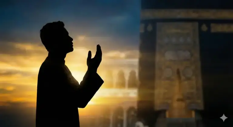 Ilustrasi siluet pria berdoa dengan khusyuk saat senja di depan Ka'bah, melambangkan Doa Nabi Adam sebagai pembuka pintu rezeki.