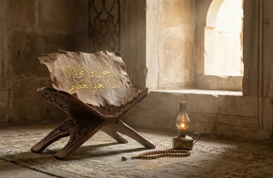 Kaligrafi Arab bacaan Hauqolah La haula wala quwwata illa billah yang artinya tiada daya upaya kecuali pertolongan Allah. Nama baik Allah yang disebutkan dalam kalimat hauqolah adalah al-'Aliy dan al-'Azhim.