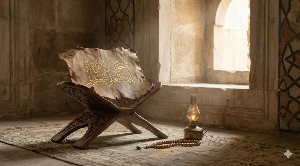 Kaligrafi Arab bacaan Hauqolah La haula wala quwwata illa billah yang artinya tiada daya upaya kecuali pertolongan Allah. Nama baik Allah yang disebutkan dalam kalimat hauqolah adalah al-'Aliy dan al-'Azhim.