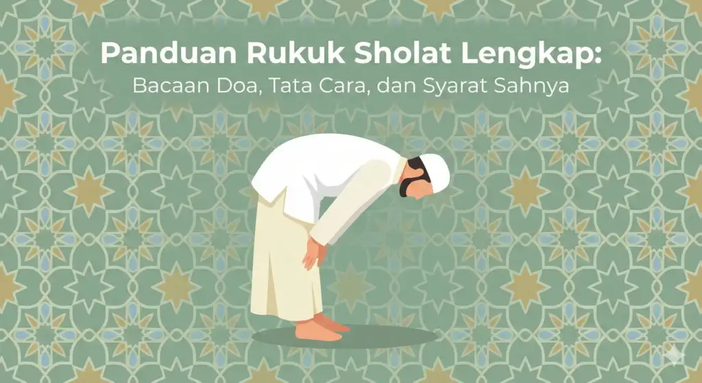 Ilustrasi flat design untuk artikel blog "Panduan Rukuk Sholat Lengkap". Gambar menunjukkan pria Muslim melakukan rukuk sempurna dengan punggung rata, berlatar pola arabesque hijau sage.