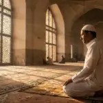 Keutamaan dan Bacaan Doa Sebelum Salam dalam Sholat: Panduan Lengkap Sesuai Sunnah 11 Ilustrasi orang sholat duduk tasyahud akhir sedang membaca doa sebelum salam dalam sholat sesuai sunnah