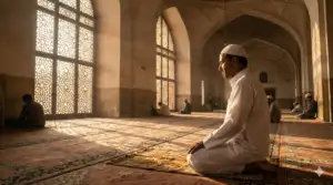 Home 31 An illustration of a person in Salah sitting for the final Tashahhud, reciting the supplication (dua) just before the Taslim, according to the Sunnah.