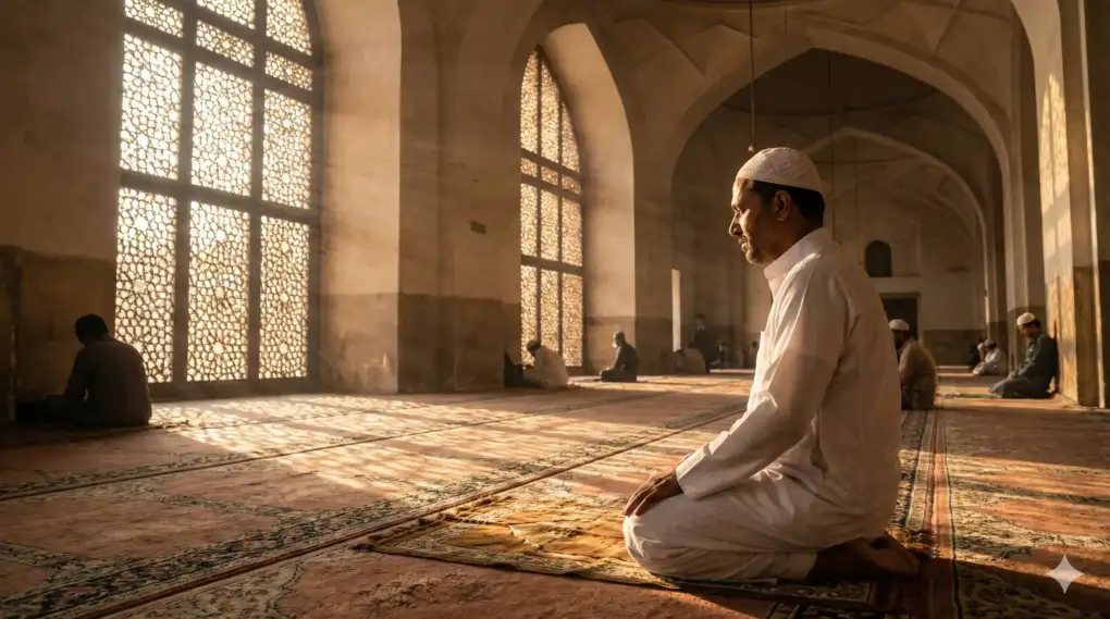 Ilustrasi orang sholat duduk tasyahud akhir sedang membaca doa sebelum salam dalam sholat sesuai sunnah