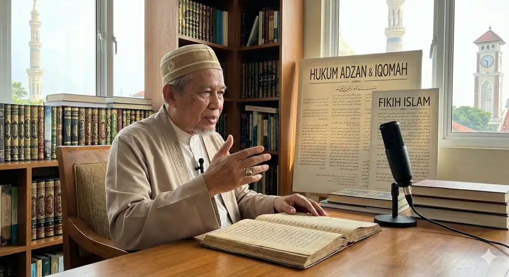 Seorang ulama senior dengan peci duduk di meja, tangan menunjuk ke sebuah kitab kuning terbuka, di sebelahnya terdapat mikrofon dan papan bertuliskan "HUKUM ADZAN & IQOMAH" dan "FIKIH ISLAM" dalam suasana ruang studi perpustakaan.