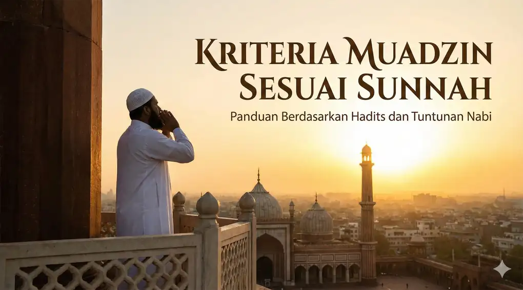Gambar featured image blog dengan judul "KRITERIA MUADZIN SESUAI SUNNAH" dan subjudul "Panduan Berdasarkan Hadits dan Tuntunan Nabi". Gambar menampilkan seorang pria berpeci dan baju koko putih sedang mengumandangkan adzan dari menara masjid, menghadap matahari terbenam di atas pemandangan kota dan kubah masjid lainnya.