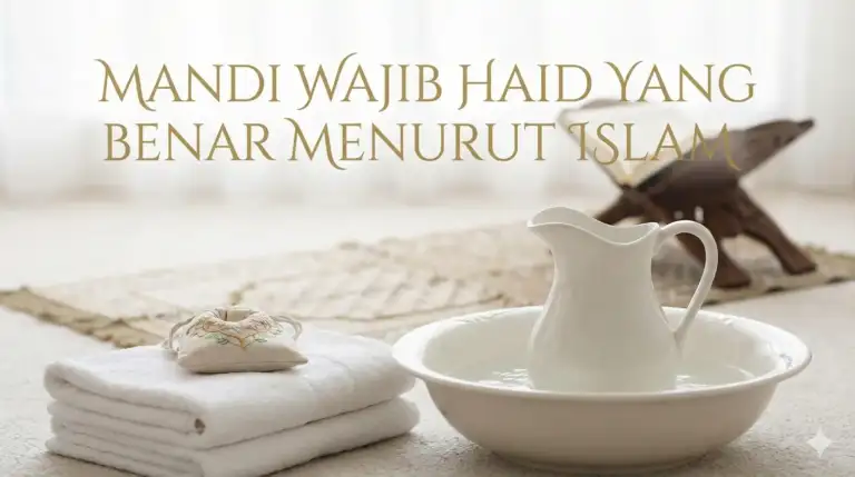 Ilustrasi tata cara mandi wajib haid yang benar menurut Islam dengan bejana air, handuk bersih, dan latar belakang tempat sholat.