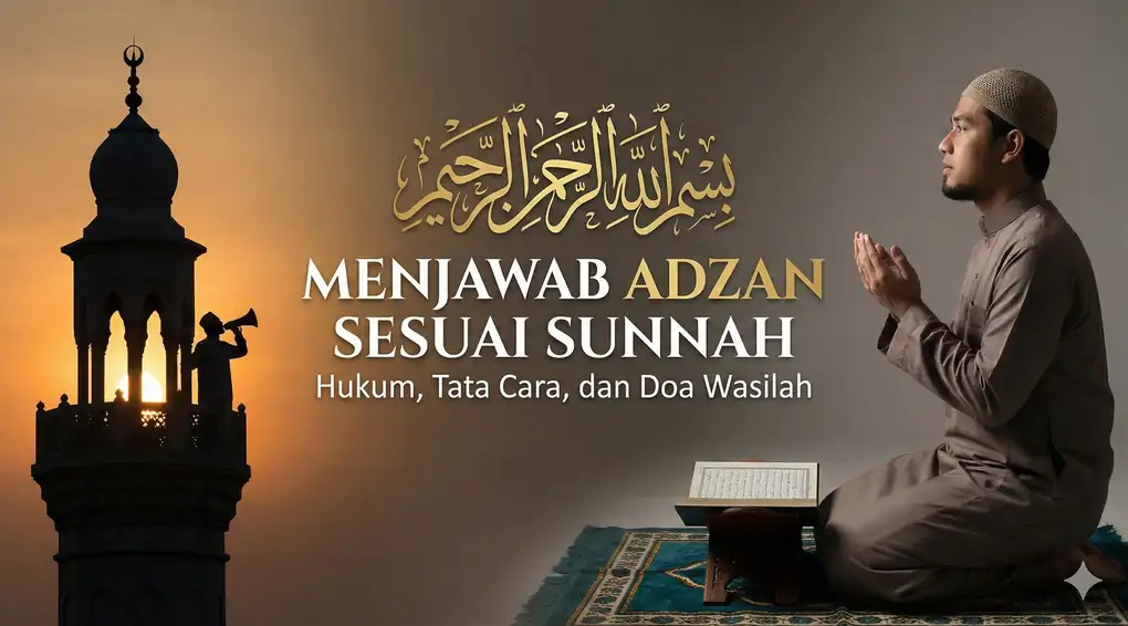 Featured image blog dengan judul besar "MENJAWAB ADZAN SESUAI SUNNAH" dan subjudul "Hukum, Tata Cara, dan Doa Wasilah". Di sebelah kiri terdapat siluet muadzin sedang mengumandangkan adzan dari menara masjid saat matahari terbenam. Di sebelah kanan, seorang pria Muslim duduk di atas sajadah dengan tangan menengadah sedang berdoa dengan khusyuk, di hadapannya terdapat Al-Quran yang terbuka.