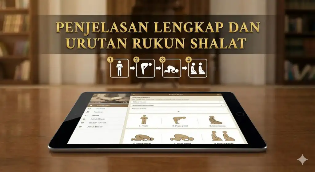 Ilustrasi tablet digital di atas meja kayu yang menampilkan aplikasi panduan lengkap dan visual urutan rukun shalat. Header gambar bertuliskan "PENJELASAN LENGKAP DAN URUTAN RUKUN SHALAT" dengan warna emas, disertai ikon 4 tahapan gerakan sholat.