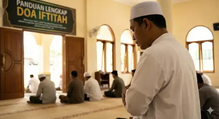 Seorang pria Muslim mengenakan baju koko putih dan peci sedang berdiri bersedekap dalam shalat di masjid, posisi saat membaca doa iftitah. Di latar belakang terdapat spanduk bertuliskan 'PANDUAN LENGKAP DOA IFTITAH'.