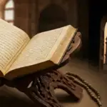 Ilustrasi gabungan yang menampilkan Kitab Kuning kuno terbuka di atas rehal kayu dengan tasbih di sebelah kiri, bersanding dengan siluet seorang muadzin sedang mengumandangkan adzan di jendela menara masjid saat senja di sebelah kanan. Gambar ini merepresentasikan pengertian adzan dan iqomah serta sejarahnya menurut kitab klasik.