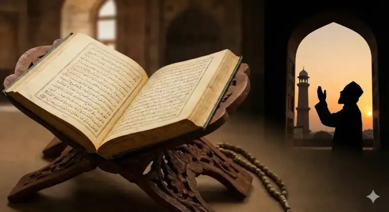 A combined illustration showing an open classical text on a wooden stand to the left, and the silhouette of a muezzin calling the Adhan at twilight to the right. This visual represents the definition and historical origins of the Adhan and Iqamah based on classical Islamic jurisprudence.