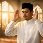 Takbiratul Ihram Lengkap: Pengertian, Bacaan, dan 17 Syarat Sahnya 11 Ilustrasi gambar gerakan takbiratul ihram