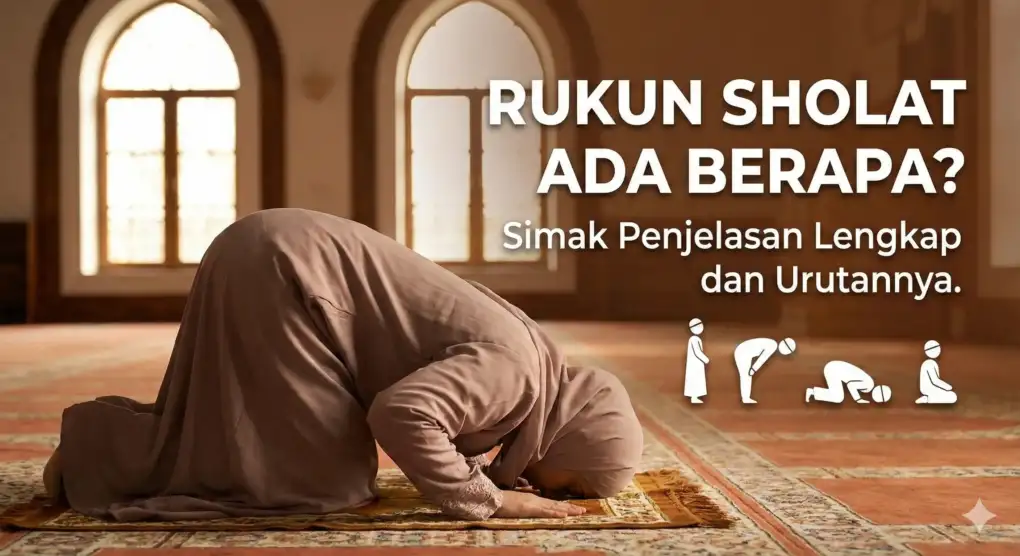 Ilustrasi seorang Muslim sedang melakukan gerakan sujud di dalam masjid dengan teks judul Rukun Sholat Ada Berapa Simak Penjelasan Lengkap dan Urutannya. Termasuk ikon gerakan sholat berdiri, rukuk, dan duduk.