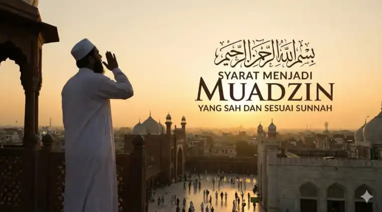 An illustration of a muezzin calling to prayer from a mosque minaret at sunset, with a city skyline in the background and the text 'Syarat Menjadi Muadzin yang Sah dan Sesuai Sunnah'.