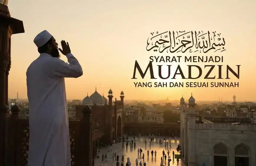 Home 9 Ilustrasi muadzin di atas menara masjid saat senja, mengumandangkan azan dengan latar belakang pemandangan kota dan teks "Syarat Menjadi Muadzin yang Sah dan Sesuai Sunnah".