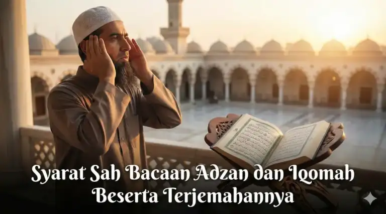 A muezzin in a brown shirt and peci calling the adhan from a mosque balcony at sunrise, with an open Arabic book on a wooden stand. The image includes the text "Syarat Sah Bacaan Adzan dan Iqomah Beserta Terjemahannya".