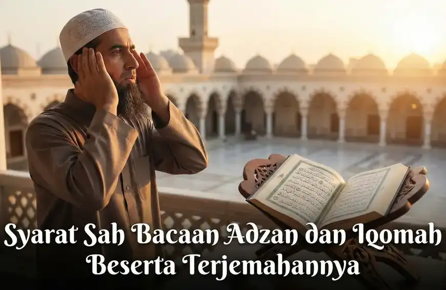 Seorang muadzin berbaju cokelat dan berpeci sedang mengumandangkan adzan dengan khusyuk di balkon masjid yang menghadap ke halaman luas saat matahari terbit. Sebuah kitab terbuka dengan tulisan Arab diletakkan di atas rehal kayu di depannya. Terdapat teks besar di bagian bawah gambar yang bertuliskan "Syarat Sah Bacaan Adzan dan Iqomah Beserta Terjemahannya".