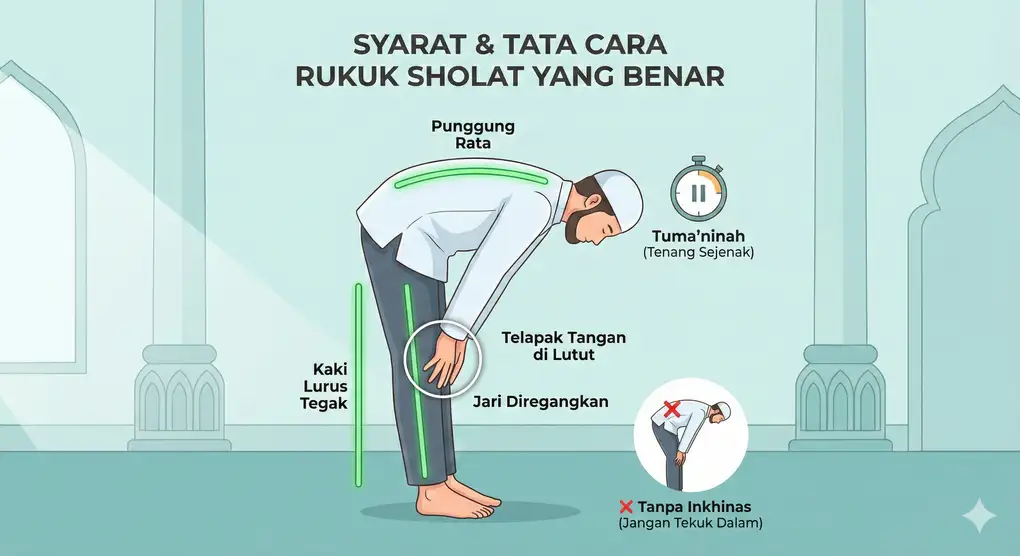 Ilustrasi posisi rukuk yang benar menunjukkan punggung lurus, tangan memegang lutut, kaki tegak, dan peringatan larangan inkhinas.